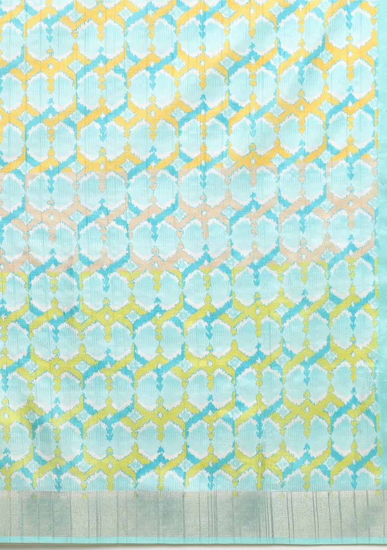 Multicolor Block Digital Print Tussar Silk Saree Set