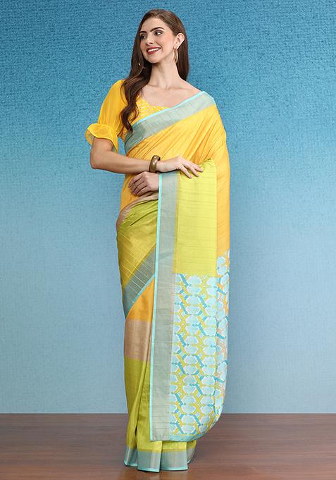 Multicolor Block Digital Print Tussar Silk Saree Set