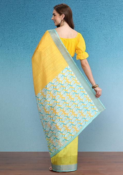 Multicolor Block Digital Print Tussar Silk Saree Set