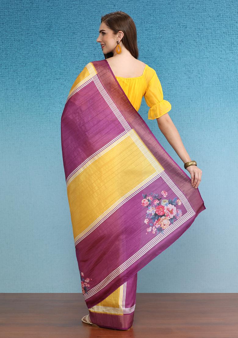 Yellow Block Digital Print Tussar Silk Saree Set
