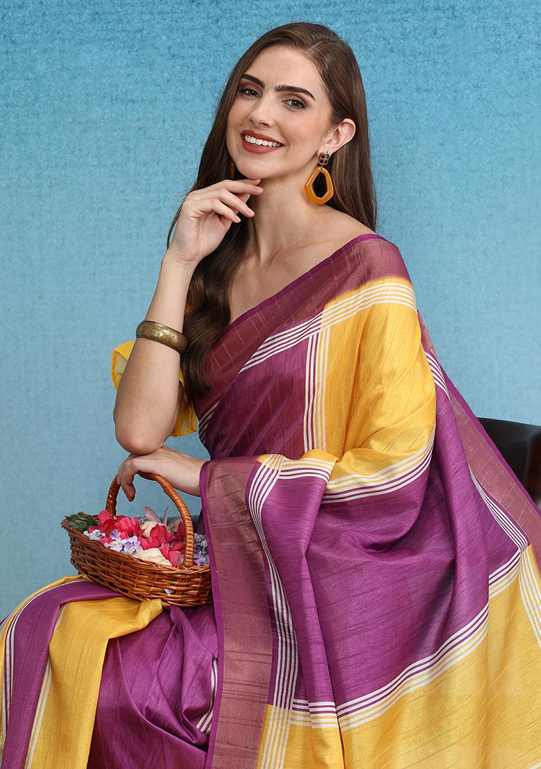 Yellow Block Digital Print Tussar Silk Saree Set