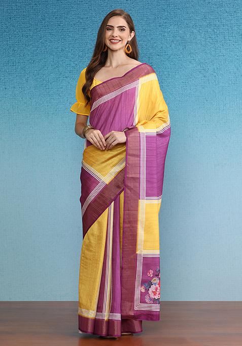 Yellow Block Digital Print Tussar Silk Saree Set