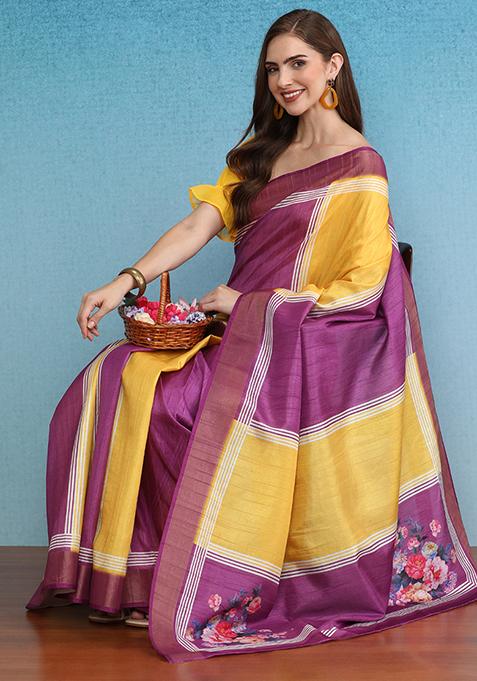 Yellow Block Digital Print Tussar Silk Saree Set