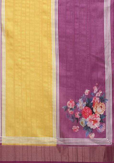 Yellow Block Digital Print Tussar Silk Saree Set