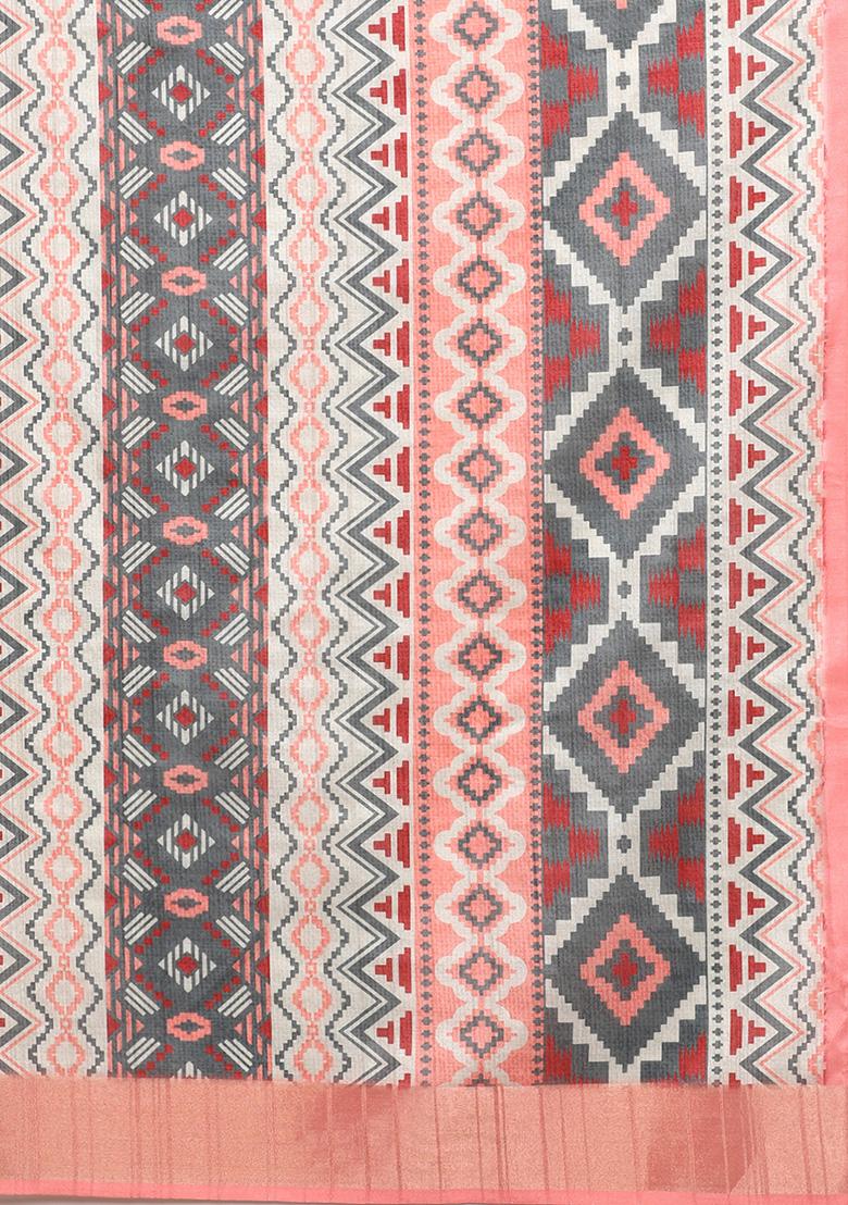 Multicolour Block Digital Print Tussar Silk Saree Set