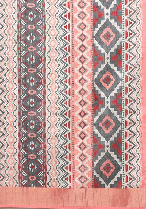 Multicolour Block Digital Print Tussar Silk Saree Set