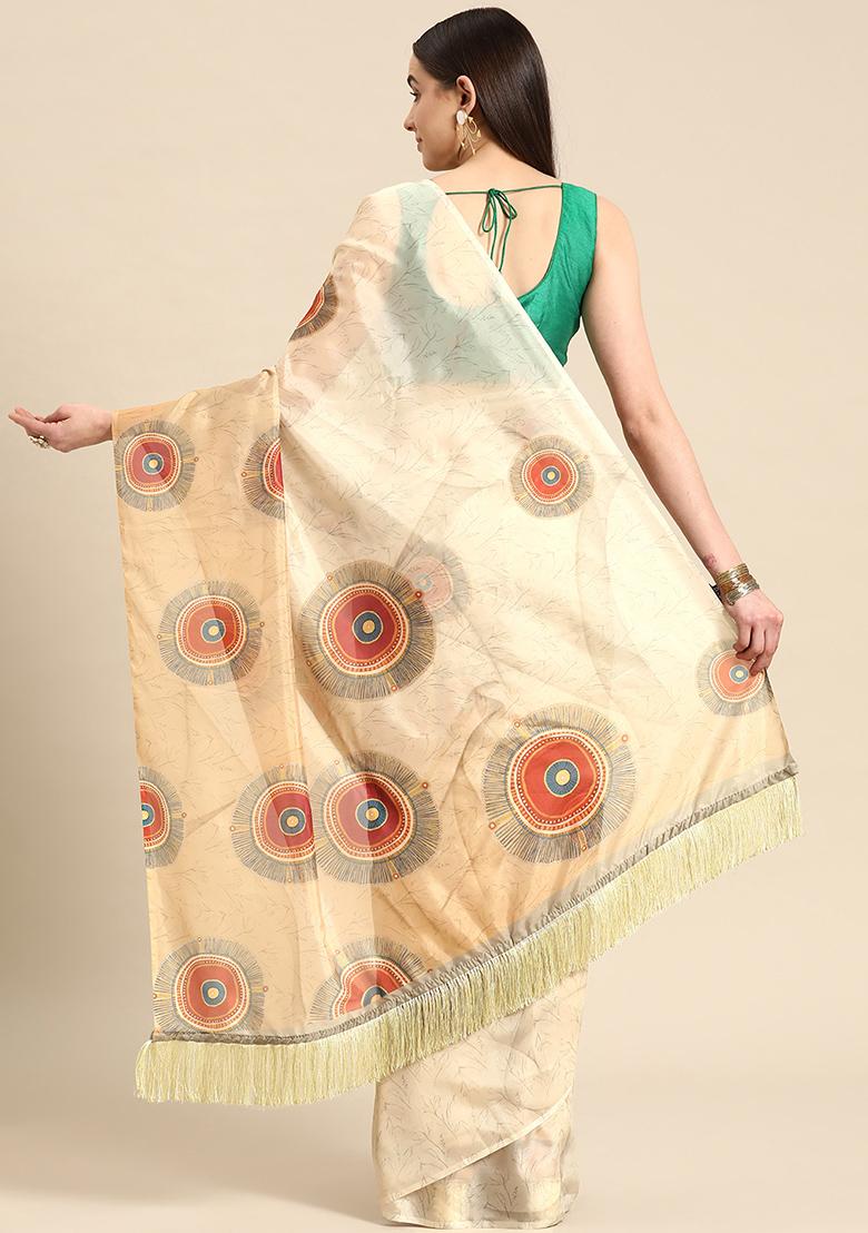 Beige Geometric Digital Print Fringe Soft Silk Saree Set - Indya