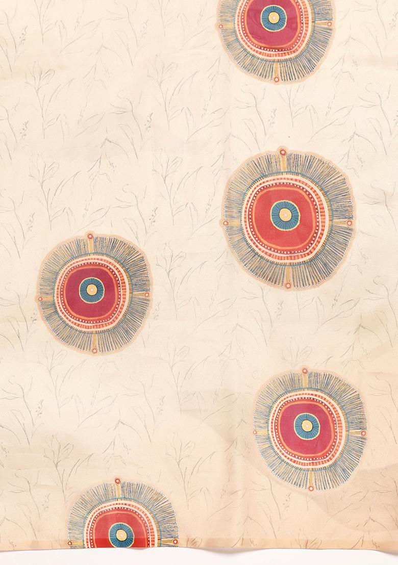 Beige Geometric Digital Print Fringe Soft Silk Saree Set - Indya