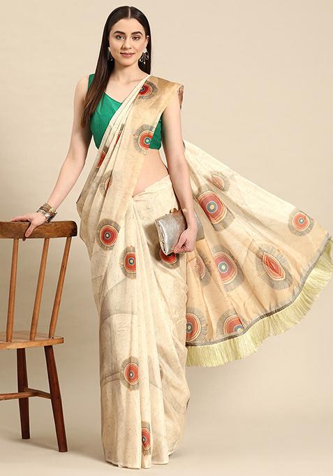 Beige Geometric Digital Print Fringe Soft Silk Saree Set