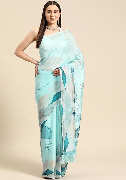 Turquoise Geometric Digital Print Fringe Soft Silk Saree Set