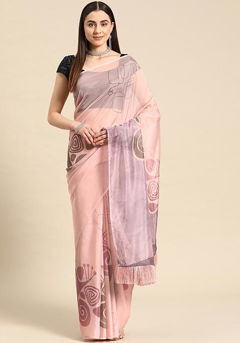 Peach Geometric Digital Print Fringe Soft Silk Saree Set