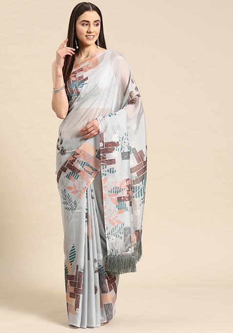 Grey Geometric Digital Print Fringe Soft Silk Saree Set