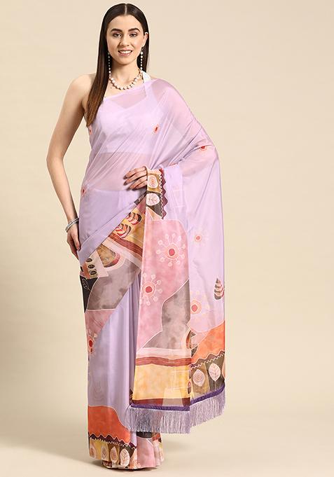 Lavender Geometric Digital Print Fringe Soft Silk Saree Set