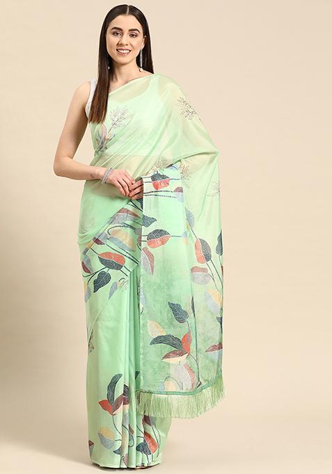 Green Geometric Digital Print Fringe Soft Silk Saree Set