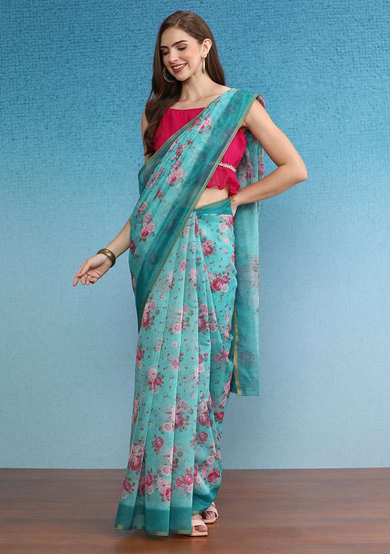 Turquoise Printed Cotton Blend Saree Set - Indya