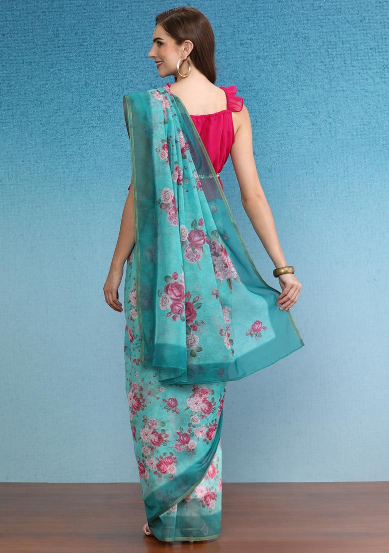 Turquoise Printed Cotton Blend Saree Set