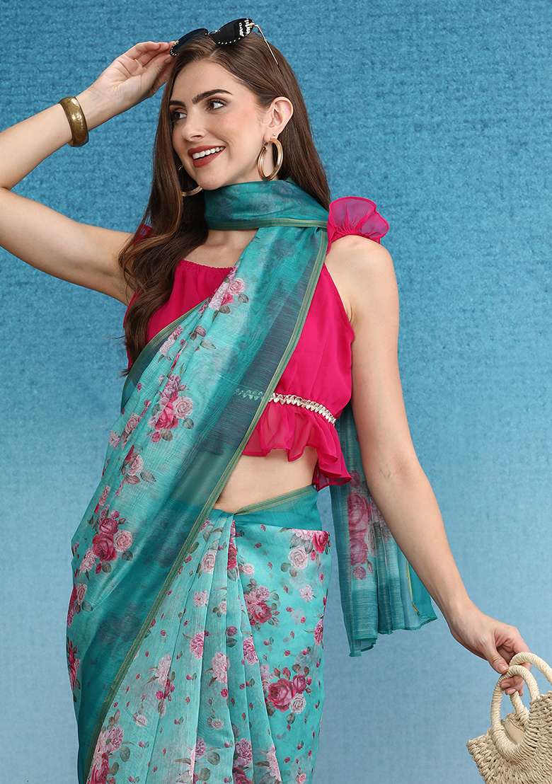 Turquoise Printed Cotton Blend Saree Set - Indya