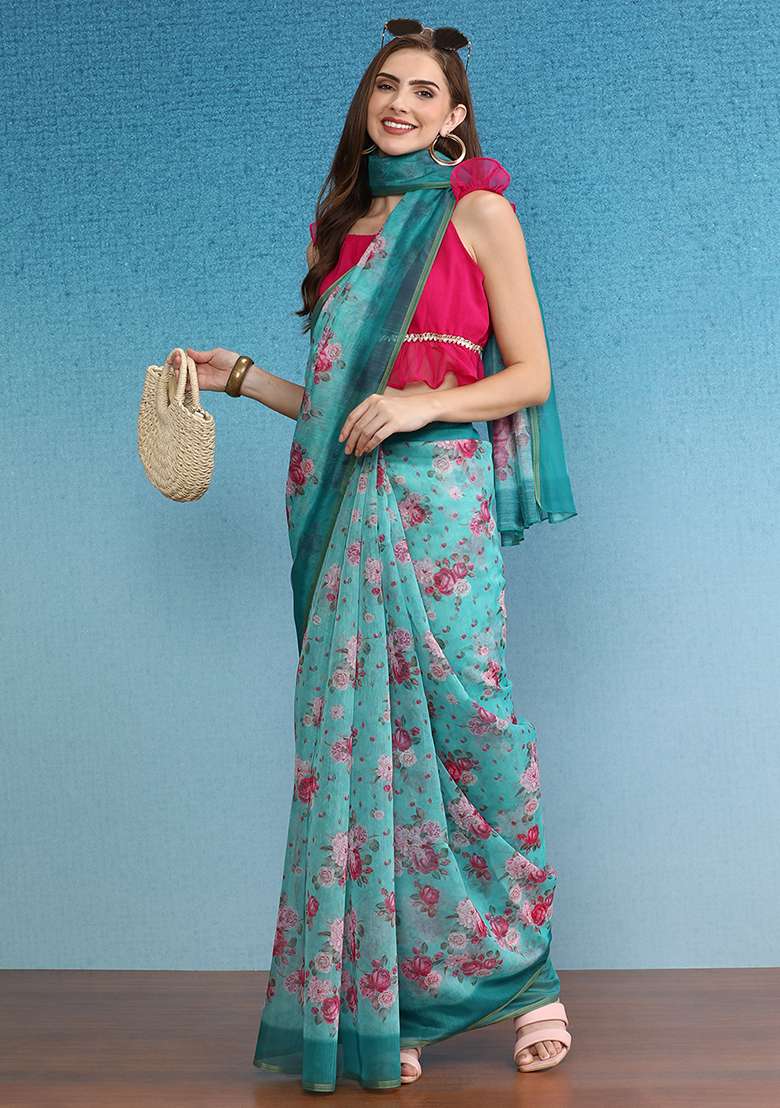 Turquoise Printed Cotton Blend Saree Set - Indya