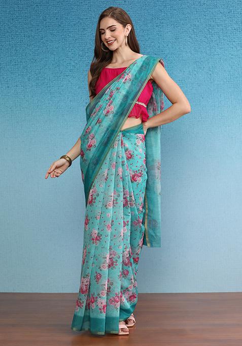 Turquoise Printed Cotton Blend Saree Set