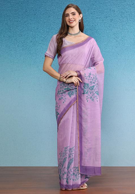 Purple Printed Cotton Blend Saree Set