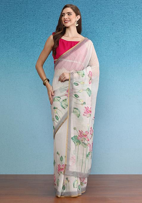 Beige Printed Cotton Blend Saree Set