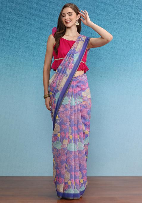 Multicolor Printed Cotton Blend Saree Set