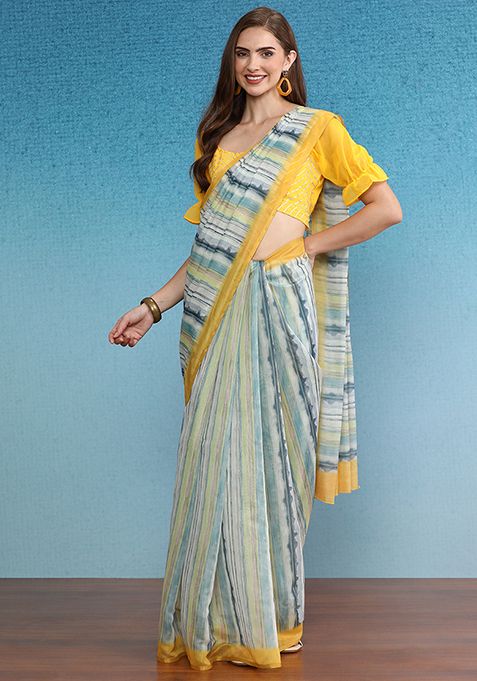 Mustard Printed Cotton Blend Saree Set