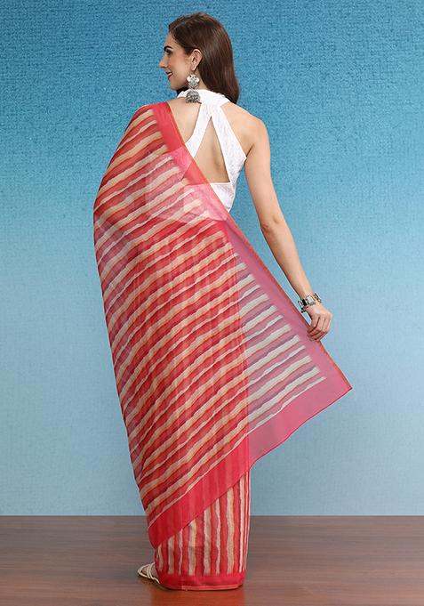 Red Printed Cotton Blend Saree Set