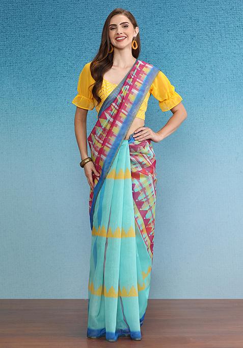 Multicolour Printed Cotton Blend Saree Set