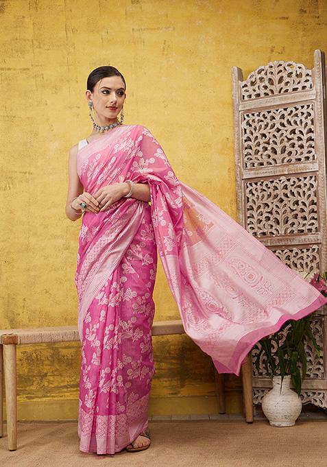 Pink Paisley Printed Cotton Saree Set