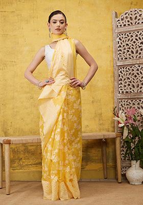 Yellow Paisley Printed Cotton Saree Set