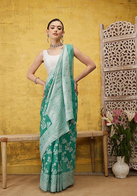 Turquoise Paisley Print Cotton Saree Set