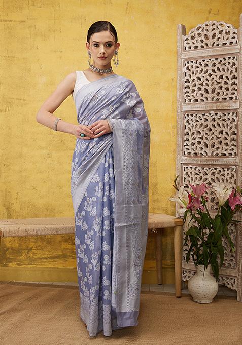 Grey Paisley Print Cotton Saree Set