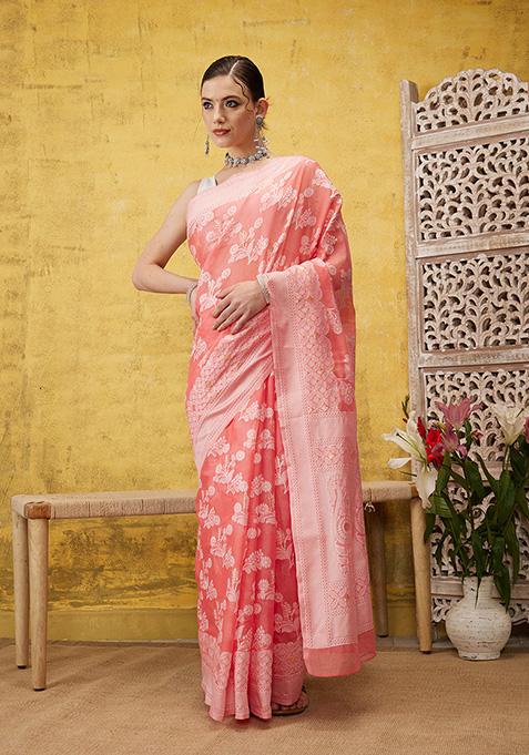 Peach Paisley Print Cotton Saree Set