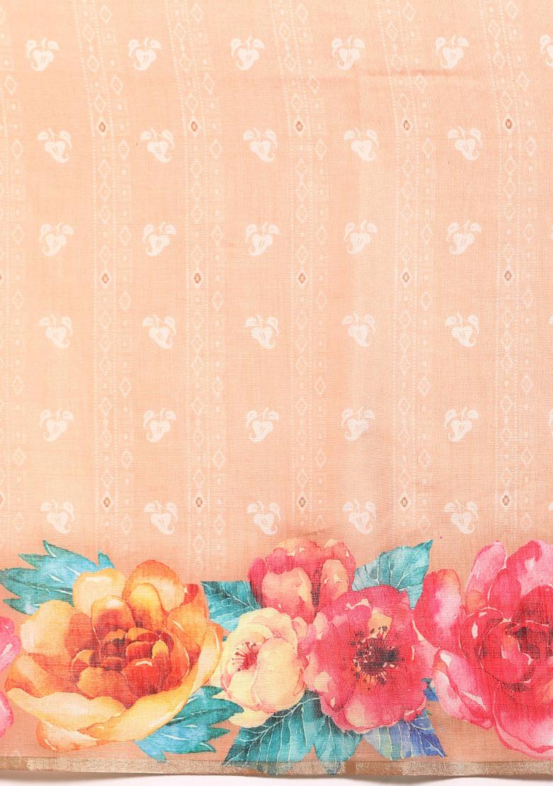 Peach Floral Digital Print Cotton Blend Saree Set - Indya