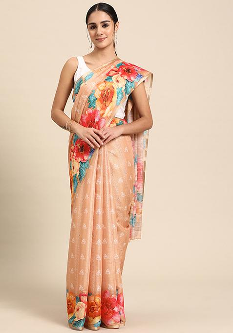 Peach Floral Digital Print Cotton Blend Saree Set