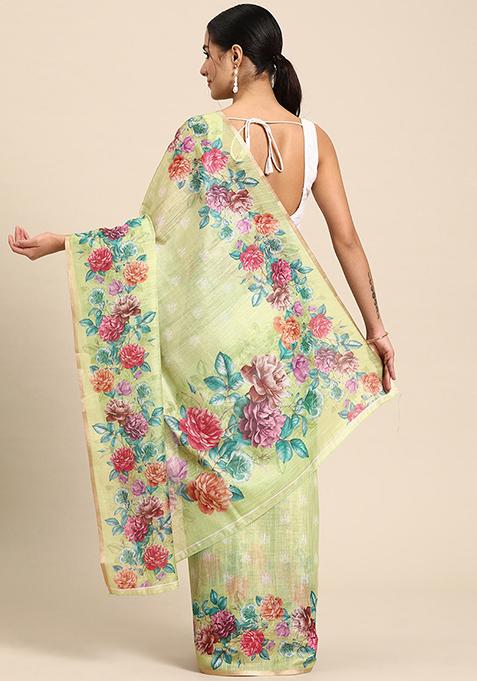 Maroon Floral Digital Print Cotton Blend Saree Set