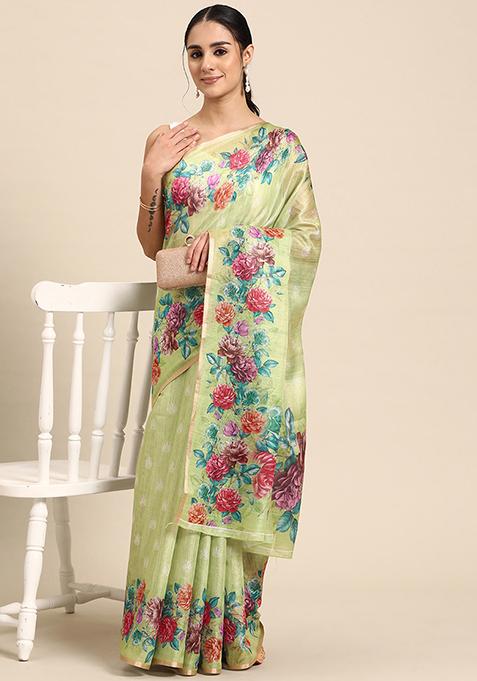 Maroon Floral Digital Print Cotton Blend Saree Set