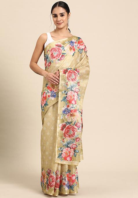 Beige Floral Digital Print Cotton Blend Saree Set