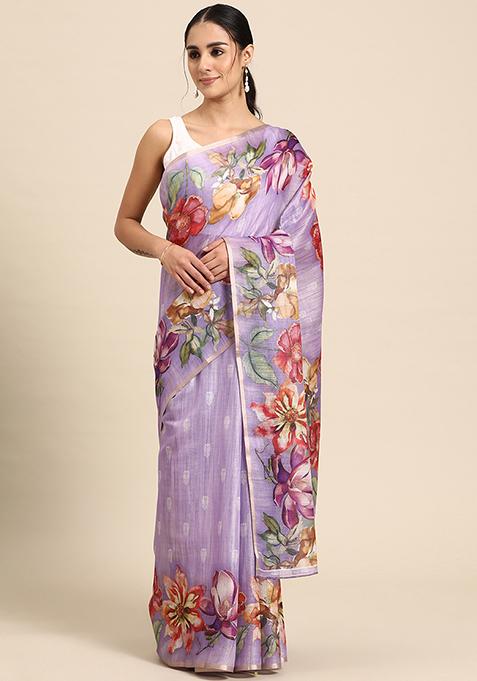 Lavender Floral Digital Print Cotton Blend Saree Set