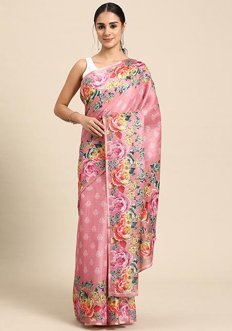 Pink Floral Digital Print Cotton Blend Saree Set