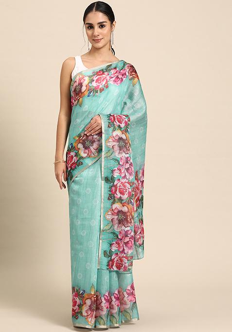 Turquoise Floral Digital Print Cotton Blend Saree Set