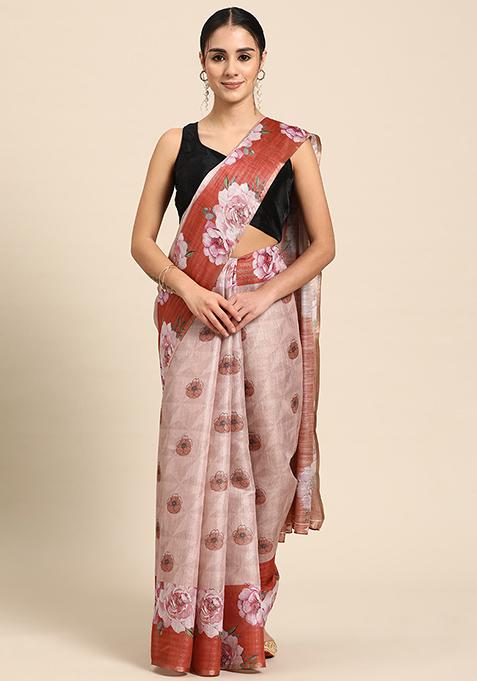 Peach Digital Print Zari Embroidered Cotton Blend Saree Set