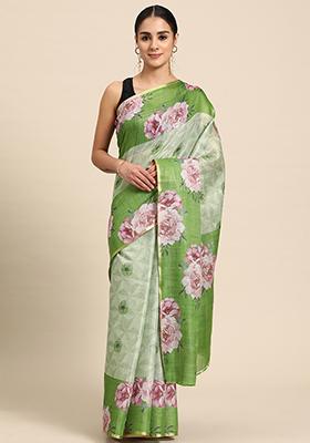 Maroon Digital Print Zari Embroidered Cotton Blend Saree Set