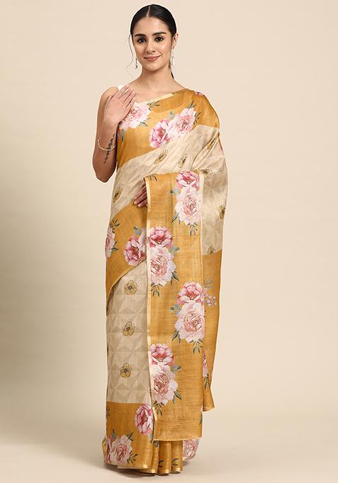 Beige Digital Print Zari Embroidered Cotton Blend Saree Set