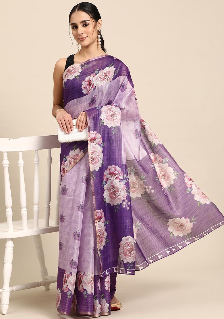 Lavender Digital Print Zari Embroidered Cotton Blend Saree Set - Indya