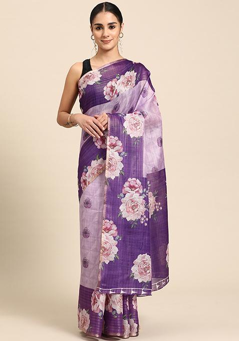 Lavender Digital Print Zari Embroidered Cotton Blend Saree Set