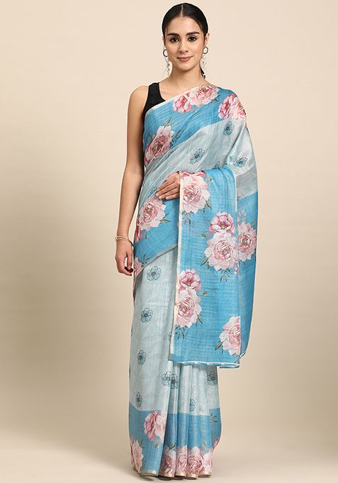 Turquoise Digital Print Zari Embroidered Cotton Blend Saree Set