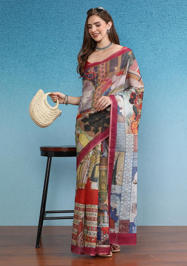 Multicolor Abstract Digital Print Silk Cotton Saree Set