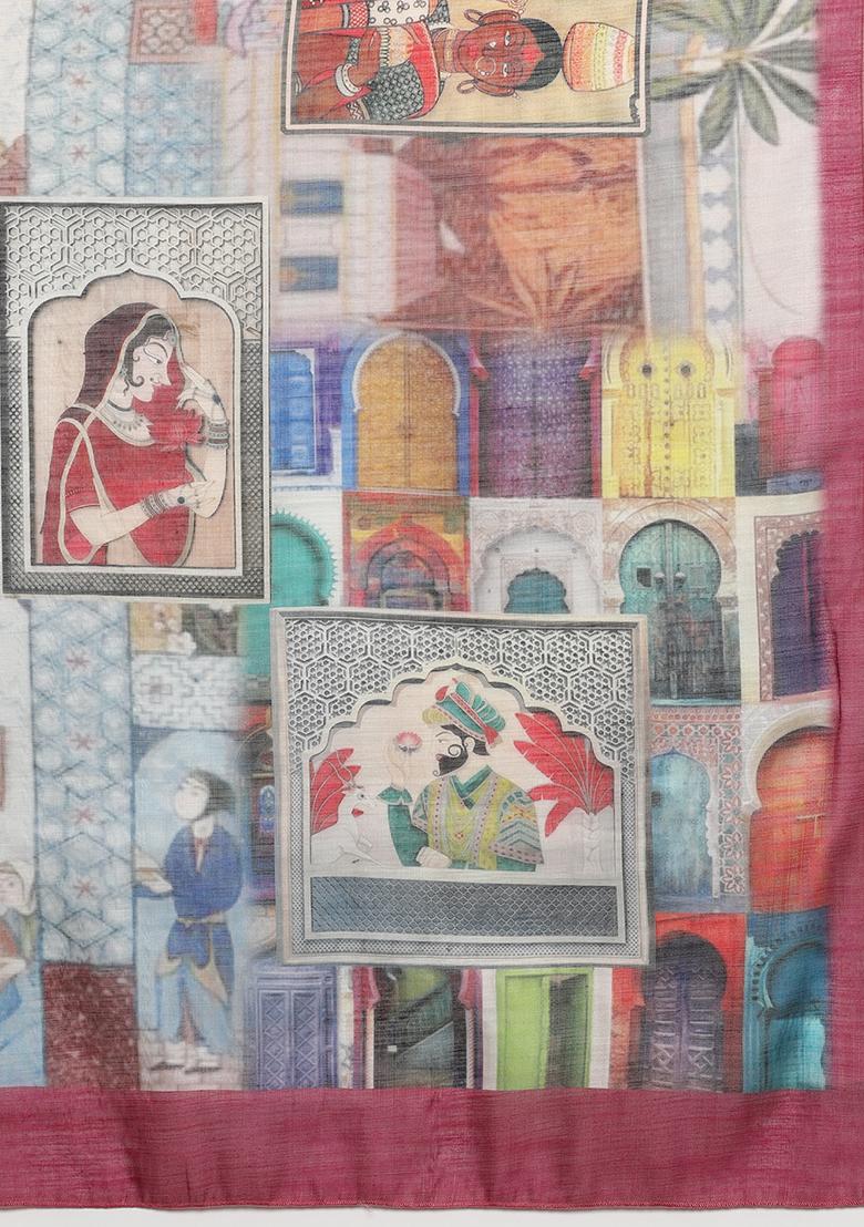 Multicolor Abstract Digital Print Silk Cotton Saree Set